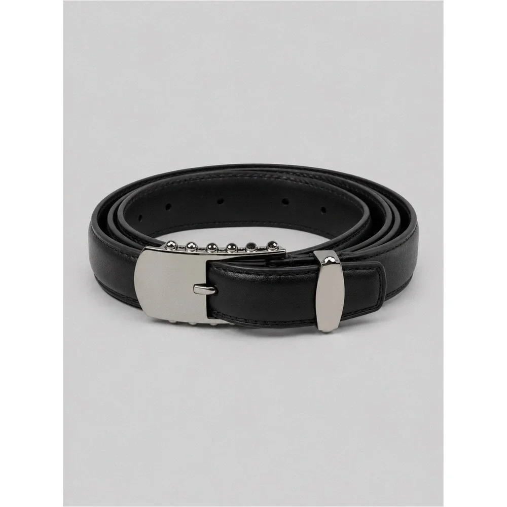 Altuzarra Black Leather Studded Buckle Belt Made Italy Silver Hardware Designer